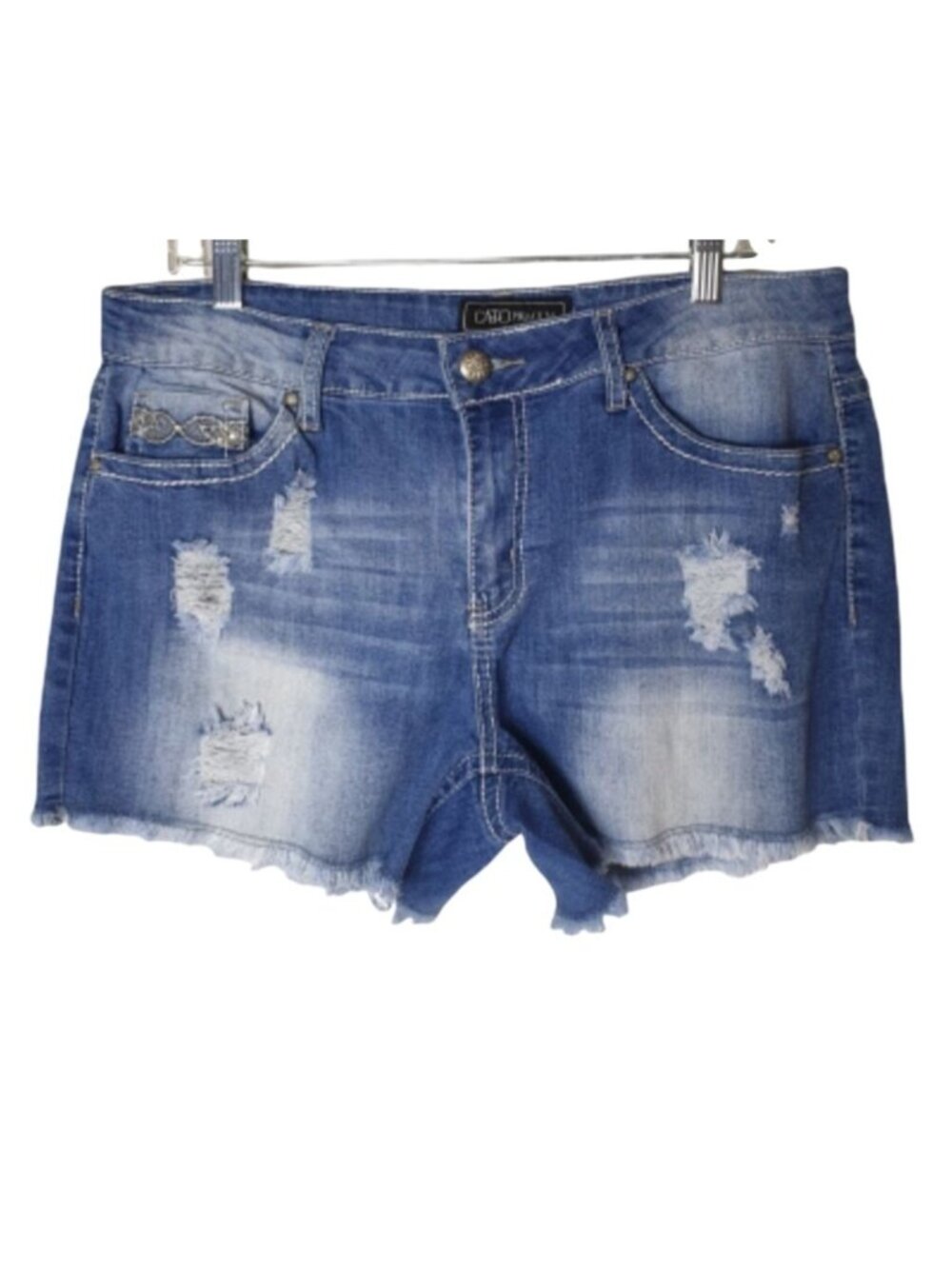 Cato Premium Womens 14 Denim Shorts Frayed Hem Distressed Embellished Chic